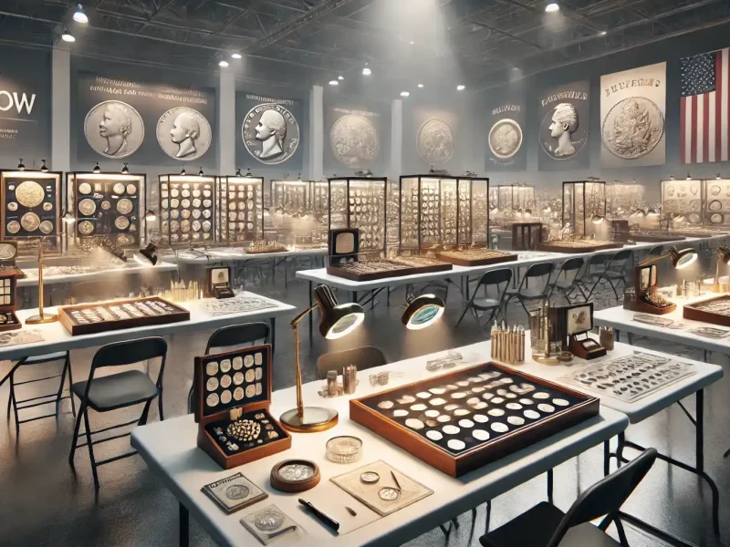 a coin show setup: Tables are arranged with display cases filled with rare and collectible coins; magnifying glasses, coin reference books, and grading tools are placed on the tables.