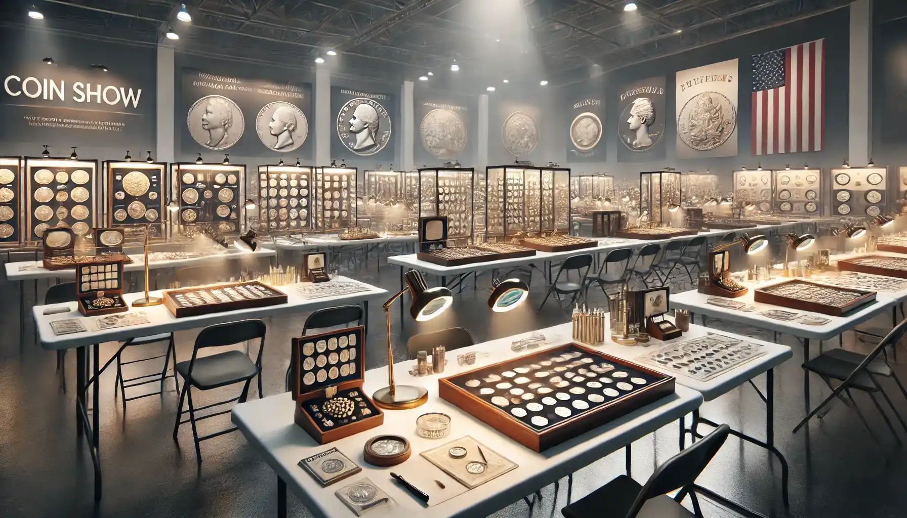 a coin show setup: Tables are arranged with display cases filled with rare and collectible coins; magnifying glasses, coin reference books, and grading tools are placed on the tables.