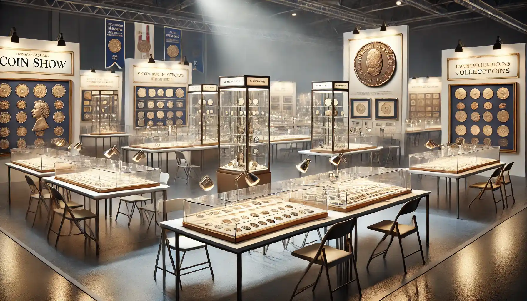 an empty coin show setup. Tables are arranged with glass display cases showcasing rare coins, neatly organized under bright exhibition lighting.