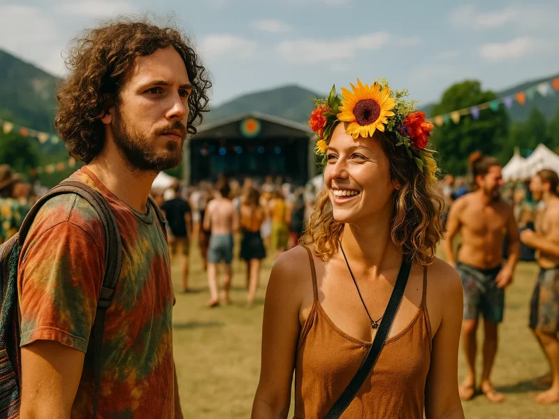 Participants enjoy the festival, with the woman wearing a flower crown and the man sporting a colorful tie-dye shirt.