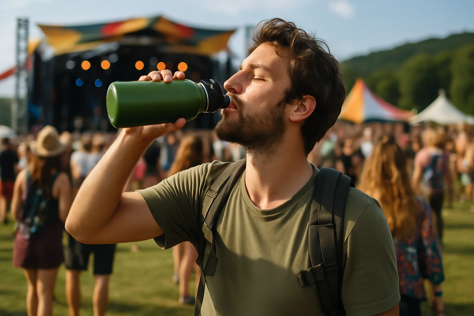A young man is drinking from a reusable bottle at an eco-conscious festival, embracing sustainability.