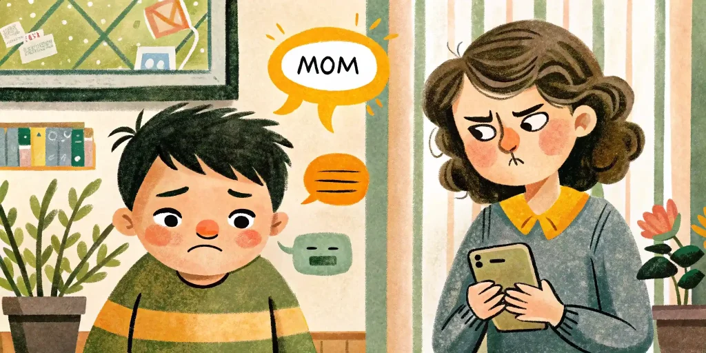 Mom is upset, stands next to her and looks at the child, the child is looking at his phone