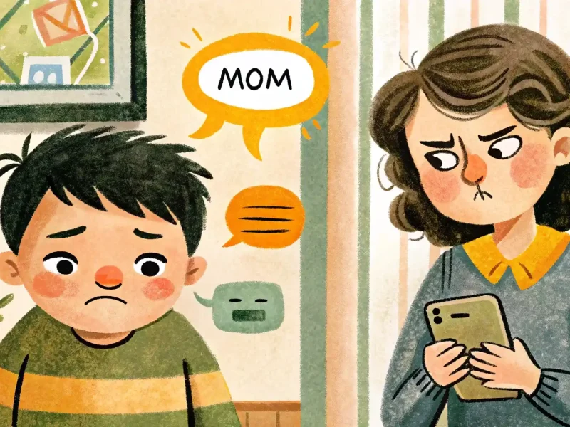 Mom is upset, stands next to her and looks at the child, the child is looking at his phone
