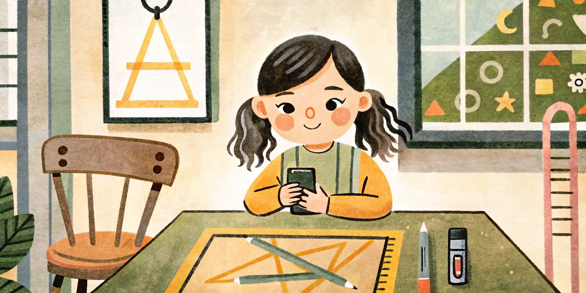 The girl is sitting at the table, and on the table there is a phone, ruler, compasses
