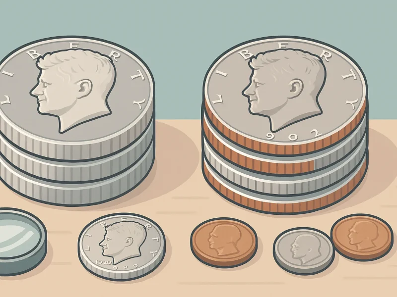 Two stacks of coins, old ones and new ones.