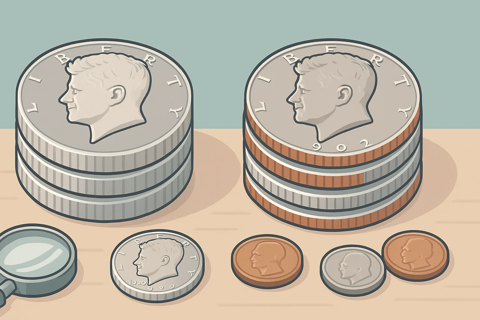 Two stacks of coins, old ones and new ones.