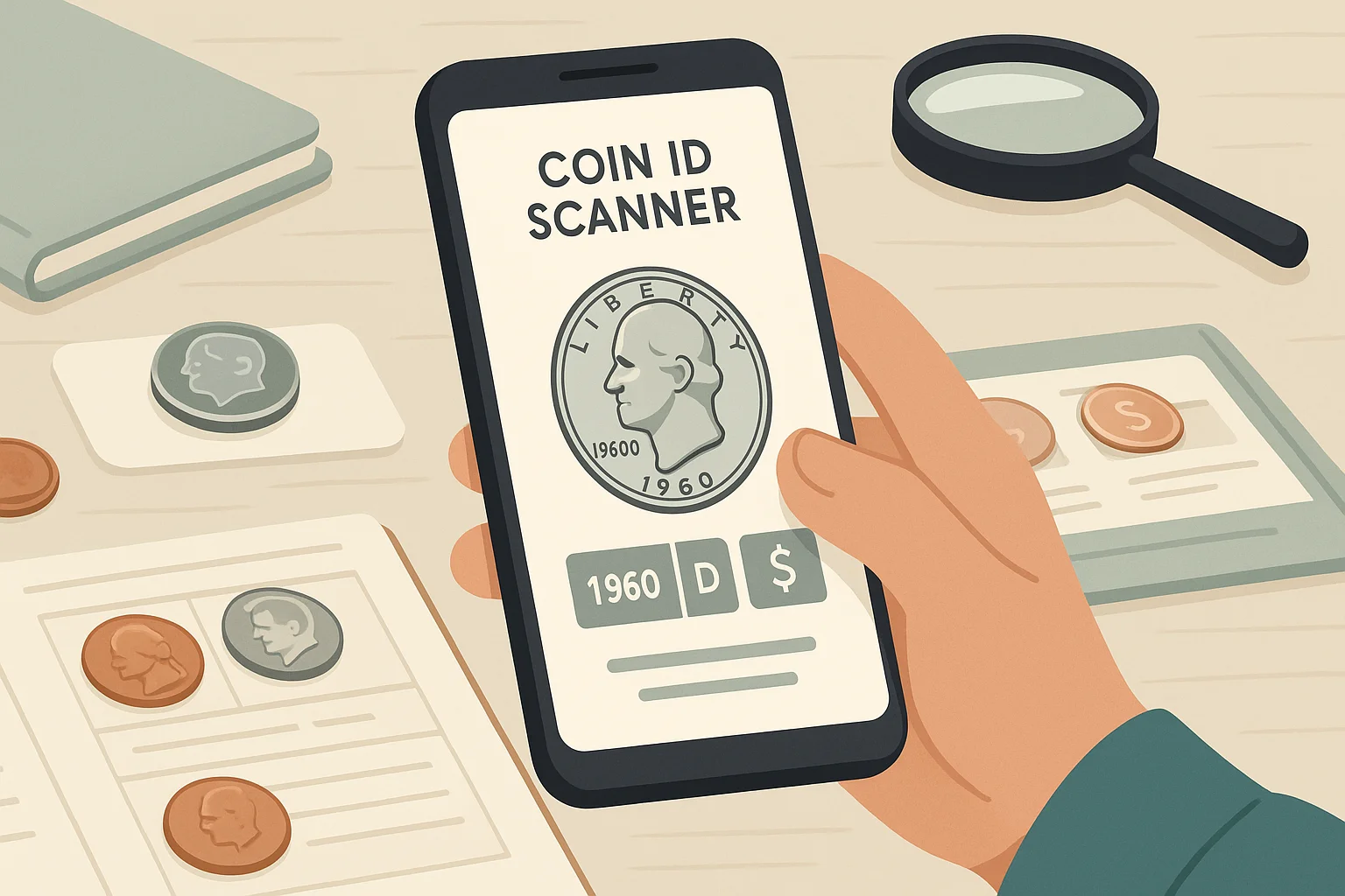 Collector’s hands holding a smartphone with Coin ID Scanner opened.