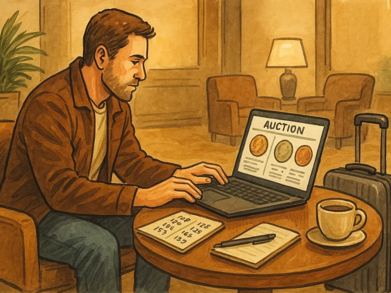 A traveling collector checks auction updates at the hotel lobby.