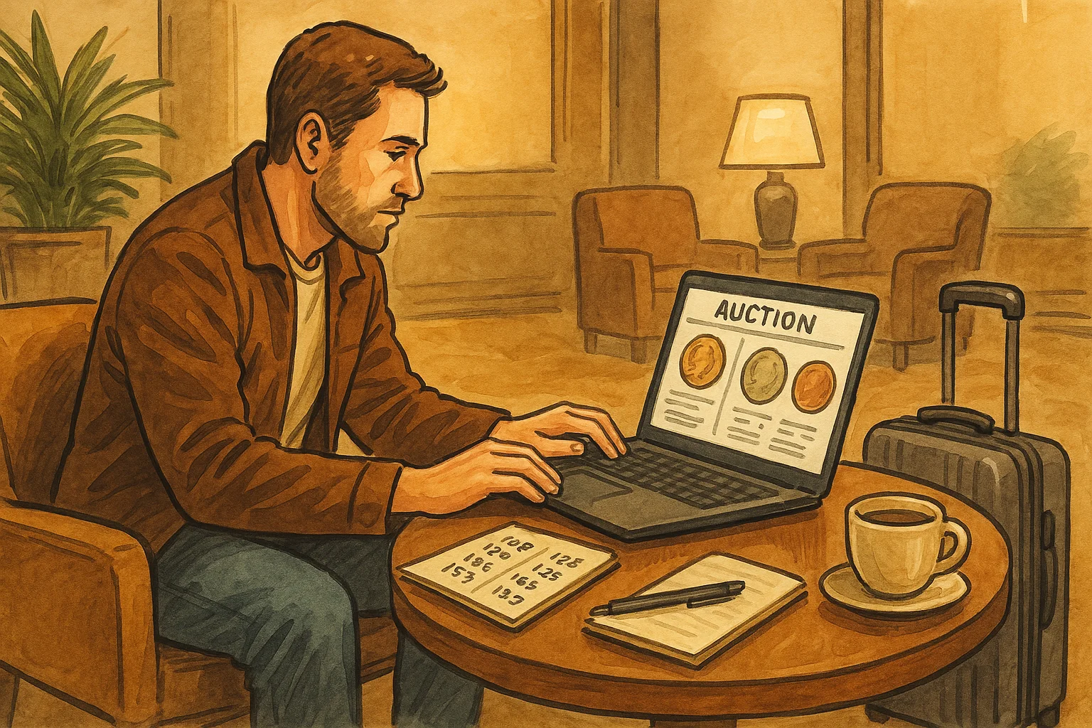 A traveling collector checks auction updates at the hotel lobby.