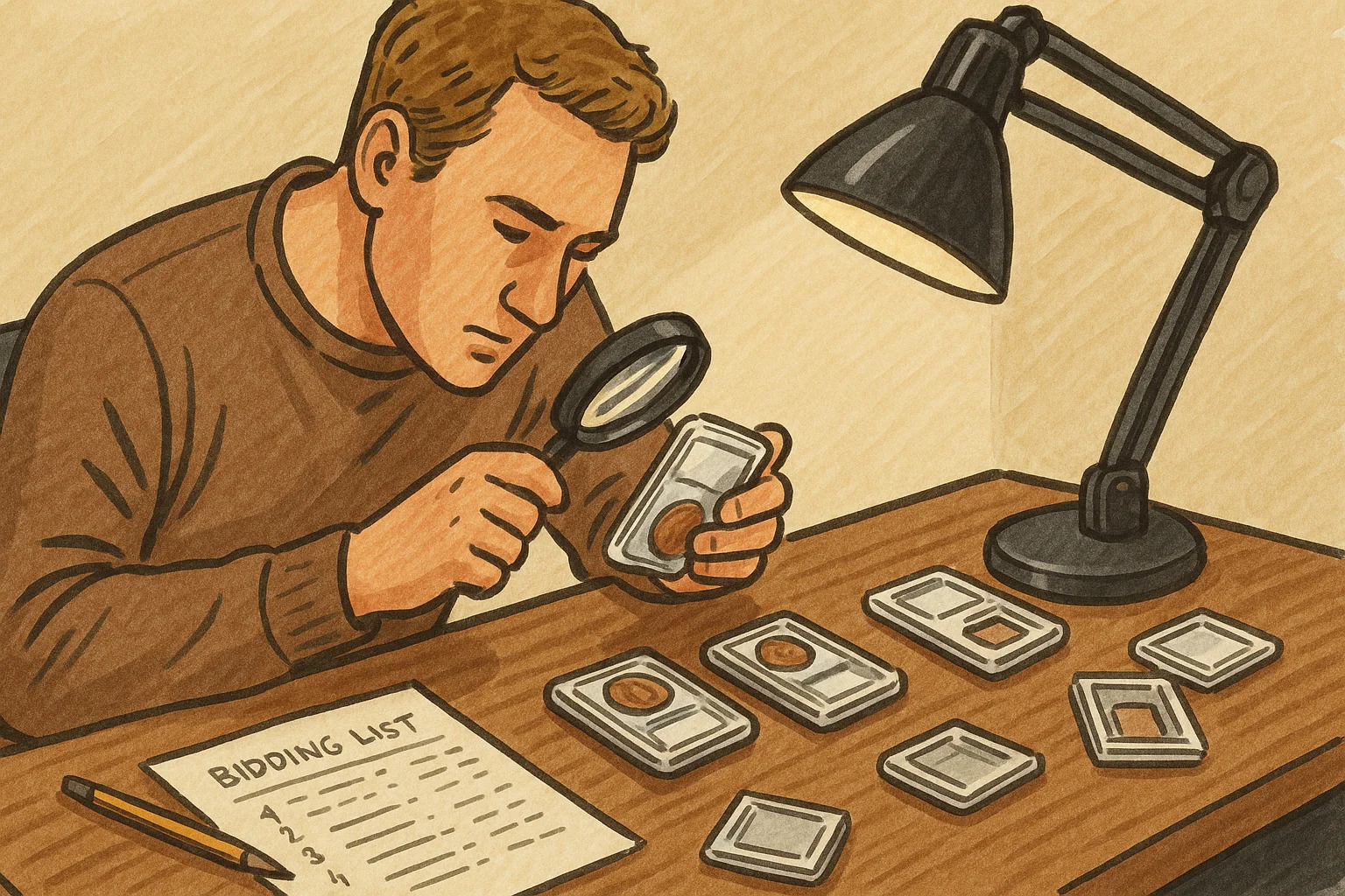A collector checks coins while comparing them with a bidding list notes.