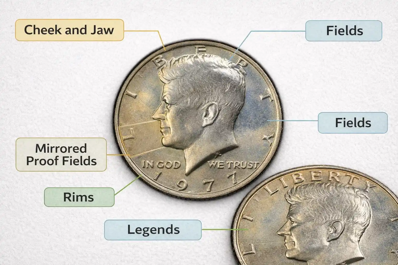 Infographic marking key inspection areas on a 1977 Kennedy half dollar.